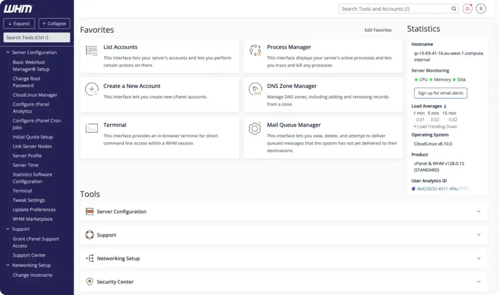 Real WHM interface showing account, DNS and server-management tools